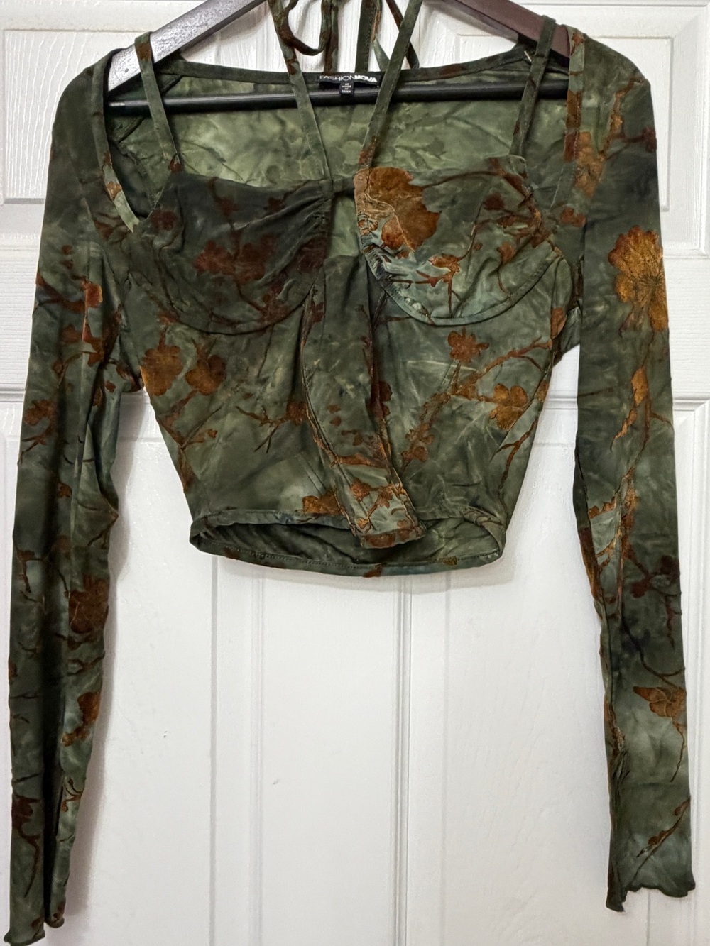 Fashion Nova Olive Green Velvet Burnout Floral Long Sleeve Crop Top